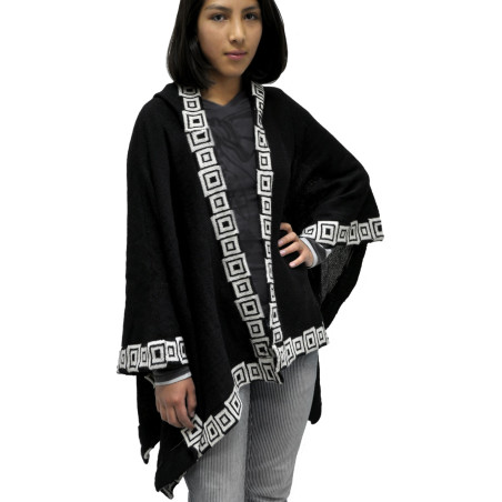 Poncho Ruana avec Capuche "Carrés fantaisie" - Laine d'Alpaga